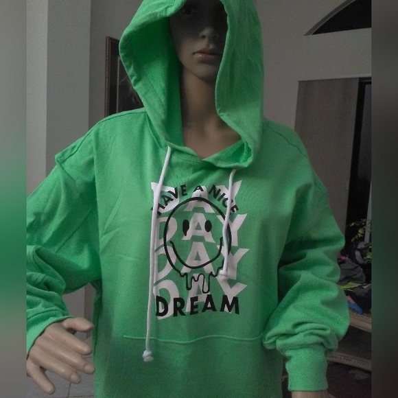 BNWOT SWEATSHIRT BY B.P SZ. LG GREEN HOODIE HAPPY DAY SMILEY FACE GRAPHICS - Picture 2 of 7